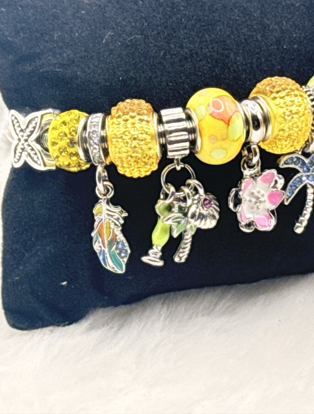 Handmade  Silver Charm Bracelet- Sunrise Yellow with Tropical/Coastal Dangles